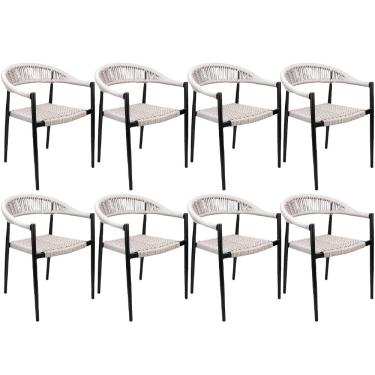 Imagem de Kit 08 Cadeiras Decorativas Área Gourmet Base Preto Corda Náutica Nevada R01 Amêndoa - Lyam Decor