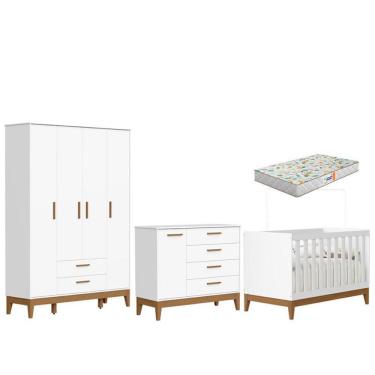 Imagem de Quarto De Bebê Flip Guarda Roupa 4 Portas Branco Acetinado Com Colchão Gazin - Reller