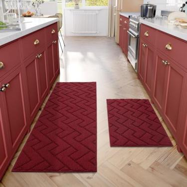 Imagem de hicorfe Conjuntos de tapetes e tapetes de cozinha, 2 peças de tapete antiderrapante de polipropileno super absorvente, tapete de chão macio e confortável, lavar à máquina para cozinha, corredor, escritório, pia, lavanderia (50,8 x 80 cm mais 50,8 cm x 149,8 cm, vermelho