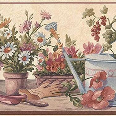 Imagem de CONCORD WALLCOVERINGS Papel de parede borda padrão de jardim flores folhas lata de água cesta vasos de cerâmica para casa de campo de campo, linho verde vermelho azul marrom, 15 centímetros por 4 metros SA105592B