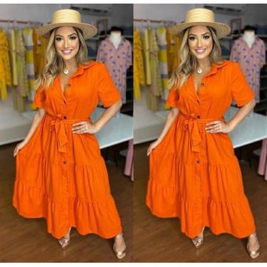 Imagem de Vestido Midi Chemise de Linho - Modarica, Laranja, Linho, GG