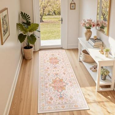 Imagem de RELEANY Tapetes de área 6 x 15 cm, lavável, antiderrapante, estampa floral, vintage, tapete medalhão para sala de estar, quarto, sala de jantar, rosa claro, colorido