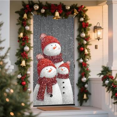 Imagem de NYZE Capa de porta de Natal, decoração de Papai Noel, decoração de Natal, pão de gengibre, faixa de Natal para férias em casa (família homem de neve)