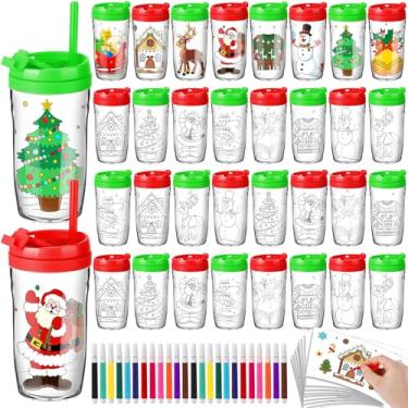 Imagem de Teenyyou 32 copos para colorir seus próprios copos de Natal de 227 g com tampa e canudo, kit de caneca faça você mesmo, copos pintáveis com 24 canetas coloridas, 32 inserções de papel para presentes