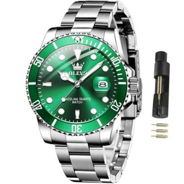 Imagem de OLEVS Relógios masculinos clássicos com vestido de negócios, luxuoso, rosto grande, verde/preto/azul, à prova d'água, luminoso, relógio de pulso analógico, dois tons, aço inoxidável, masculino