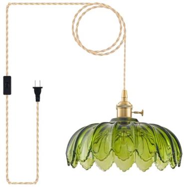 Imagem de Luminárias pendentes de plugue, luminária pendurada de vidro, lâmpada suspensa verde vintage, iluminação pendente para ilha de cozinha, quarto, sala de jantar, sala de estar
