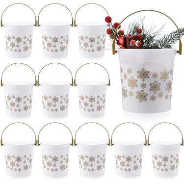 Imagem de meekoo 12 baldes de plástico de Natal com alças 12 x 9 x 12 cm Baldes de floco de neve dourados de Natal para presentes, baldes fofos de doces de Natal, cestas de brinquedo para lembrancinhas de festa