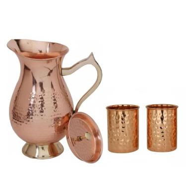 Imagem de Jarro de cobre puro – jarra martelada de 1,4 litro – jarra de cobre com vidro para benefícios de saúde Ayurveda – conjunto de 1 jarro e 2 copos