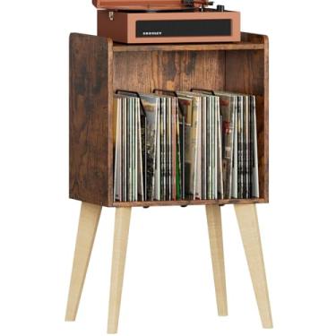 Imagem de Gannyfer Suporte para toca-discos – Armazenamento minimalista de discos de vinil comporta até 160 álbuns, prateleira de exibição de suporte de discos de meados do século com pernas de madeira, armário
