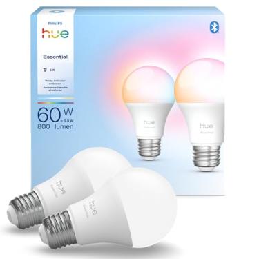 Imagem de Philips Hue Lâmpada Essential Smart LED A19, branca e cor ambiente, base E26, 8,8W, 2200K-6500K, 800 lúmens, regulável, funciona com Alexa, Google Assistant e Apple Home, pacote com 2