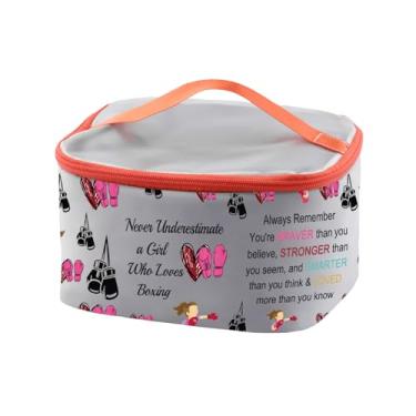Imagem de PXTIDY Estojo de cosméticos Girl Boxer Never Underestimate a Girl Who Loves Boxing Makeup Bag Presentes para Boxers amantes de boxe treinadores, Cinza, Tendência