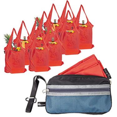 Imagem de Sacola de compras reutilizável Bagaroo, bolsa de compras com estojo de transporte, inclui mosquetão e bolso, ecológico, lavável na máquina, pacote com 10