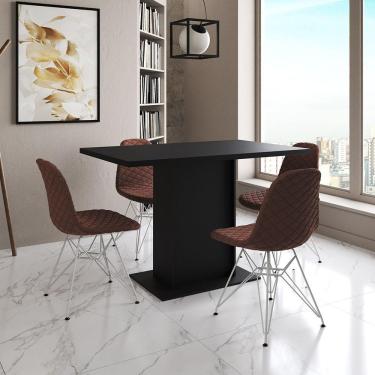 Imagem de Mesa Jantar Londres Tampo Preto 120Cm 4 Cadeiras Ferro Branco Estofado Caramelo
