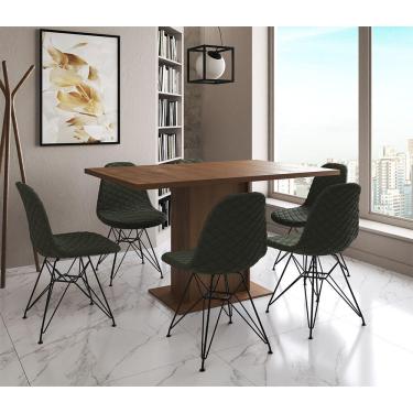 Imagem de Mesa Jantar Londres Retangular Amêndoa 137X90Cm 6 Cadeiras Estofadas Verde Ferro Preto