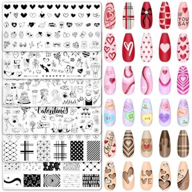 Imagem de Whaline 6 peças de pratos de unhas para o dia dos namorados, conjunto de carimbos, amor, coração, urso, arco, arte para unhas, design de salão de manicure