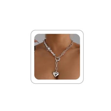 Imagem de BOOZIQ Colares de coração de ouro grosso para mulheres, colar com pingente de coração bufante, boêmio, pérola, colar de declaração, colar moderno, joia de presente, Zinco, Sem Pedra Preciosa