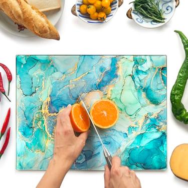 Imagem de Tábua de cortar vidro, tábua de cortar de vidro, 40 x 30 cm, tábua de cortar vidro, tábua de cozinha, higiênica, resistente ao calor, pés de silicone antiderrapante, resistente a arranhões, oceano