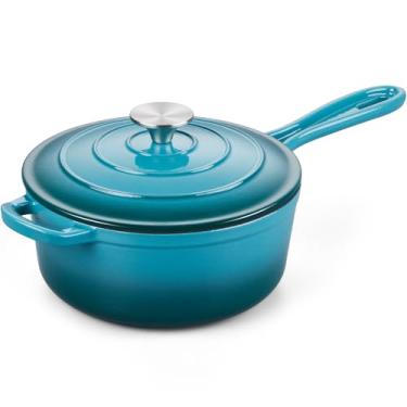 Imagem de Onader Panela de ferro fundido esmaltado de 3 litros com tampa, panela pequena, panela de ferro fundido esmaltado, antiaderente e resistente - ciano escuro