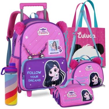 Imagem de Kit Mochila Luluca Rodinhas Carrinho Escolar Lancheira Estojo Escolar Meninas Resistente Infantil