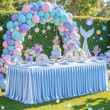 Imagem de Toalhas de mesa retangulares de cetim azul, 1,8 m, capas de mesa elásticas com glitter, resistente a vincos, comprimento até o chão, brilhante, saia de mesa plissada para casamentos, festas de chá de