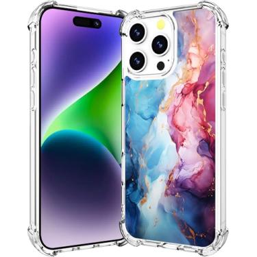 Imagem de Cisland Capa para iPhone 16 Pro, design transparente, à prova de choque, airbag, amortecedores, capas de telefone - pedra mármore azul rosa
