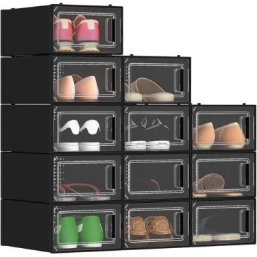 Imagem de Pacote com 12 recipientes transparentes de plástico empilháveis para sapatos rack dobrável organizador guarda-roupa porta magnética armazenamento