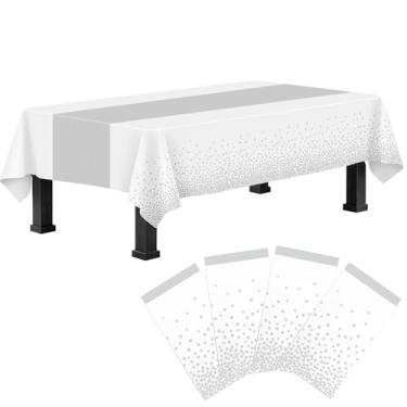Imagem de Ammbeetty Pacote com 4 toalhas de mesa de plástico branco e prata, decoração de festa retangular, toalha de mesa de plástico branco impressa com caminho de mesa prata para Natal, aniversário