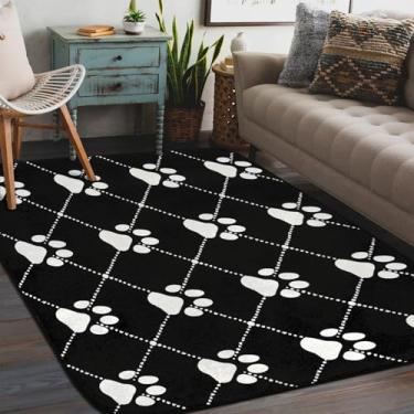 Imagem de Tapete de área para sala de estar, lavável à máquina, branco, preto, pata de cachorro, tapete antiderrapante, tapete macio para sala de estar, quarto, sala de jantar, berçário, cozinha, decoração de