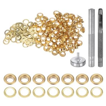 Imagem de HARFINGTON Kit de ferramentas de ilhós, 100 peças, conjunto de ilhós de cobre de 4,5 mm com furador oco, ferramentas de fixação de ilhós para roupas cinto de tecido de couro, tom dourado