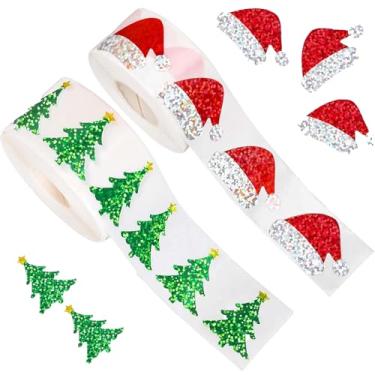 Imagem de 1000 Pieces Christmas Stickers Roll - 2 Rolls Laser Red Santa Hat and Green Pine Tree Seal, Waterproof Self-Adhesive Xmas Decals for Cards, Envelopes, Gifts, Party Supplies, Gift Tags & Decor