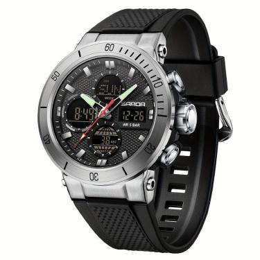 Imagem de Relógio De Pulso Esportivo Masculino De Moda Com Display Duplo, Alarme Preto Prateado