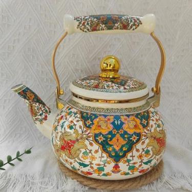Imagem de Yadlan Chaleira de chá esmaltada estilo vintage bule de esmalte floral, chaleira de indução para cachimbo chaleira turca bule de água quente com cabo frio para cozinha E