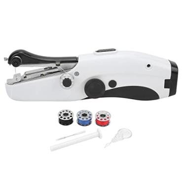 Imagem de Máquina de costura portátil Mini pequena agulha elétrica dupla DIY Máquina de costura portátil para viagens em casa Artesanato Plástico Aço inoxidável 24,5 x 7 cm 1 conjunto (Preta)