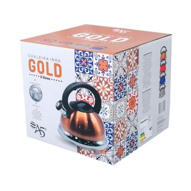 Imagem de Chaleira em Inox com Apito e Fundo Duplo à Indução Dourada