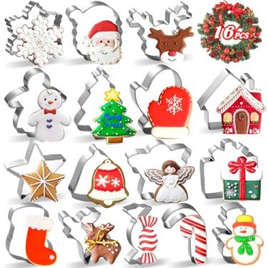 Imagem de 16 cortadores de biscoito de Natal, cortadores de biscoito de metal de aço inoxidável, formas de Natal, mini pão de gengibre grande, floco de neve, árvore de Natal, açúcar, boneco de neve