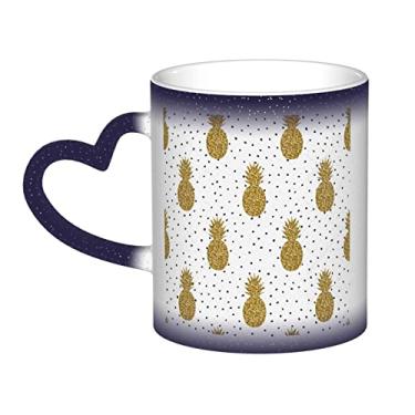 Imagem de Xícara de café divertida de abacaxi com glitter dourado, xícara de cerâmica mágica sensível ao calor que muda de cor 12 Oz, para café/chá/leite/cacau, para adolescente/aniversário/festival/presentes