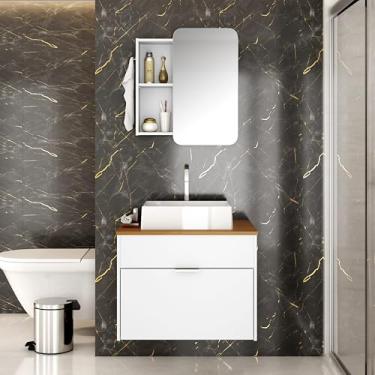 Imagem de Conjunto para Banheiro Duna com Gabinete Espelheira Espelho Orgânico e Cuba em Mármore Sintético (Branco/Nature)