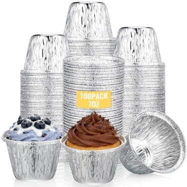 Imagem de Yungyan 100 peças de copos de alumínio descartáveis de 200 ml, forros de cupcake redondos prateados para torta, cupcake, suflê, pudim para festa de casamento e aniversário de Natal