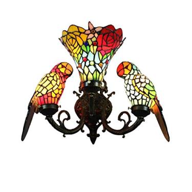Imagem de Luminária de parede vintage estilo Tiffany com dois papagaios, cúpula em vitral em formato de rosa, 3 lâmpadas, ideal para corredor, quarto e sala de estar.