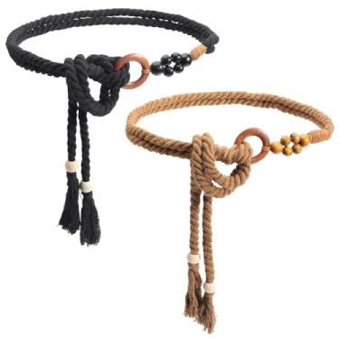 Imagem de CRASPIRE 2 cores femininas boho borla trançado cinto de algodão cordão preto marrom feito à mão cordas longas de macramê corrente decorativa nó com contas de anel para vestidos femininos roupas saias