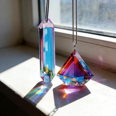 Imagem de Prisma apanhador de sol arco-íris – Pingente refrator de luz de cristal com cordão colorido para janela, jardim, decoração de casa e animais de estimação para meninos e meninas (2, faixa longa de 76