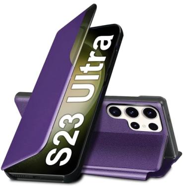 Imagem de Capa S23 Ultra Flip para Samsung Galaxy S23 Ultra 5G, capa de couro slim fit transparente para Samsung S23 Ultra capa de telefone com suporte, resistente, resistente, à prova de choque (roxa)