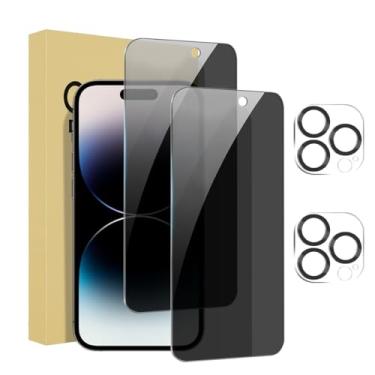 Imagem de Pacote com 2 protetores de tela de privacidade para iPhone 14 Pro Max de 6,7 polegadas com 2 protetores de lente de câmera, película de vidro temperado antiespião, antiarranhões, sensível ao toque