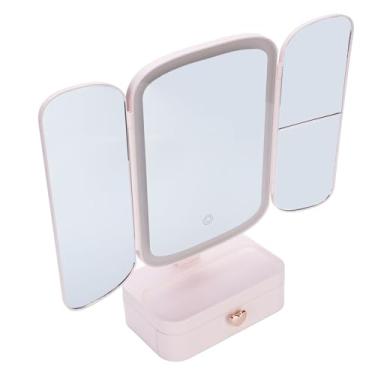 Imagem de Cryfokt Espelho de Maquiagem Iluminado Com Três Dobras Com Organizador Luz LED Recarregável de 3 Cores Com Escurecimento de Temperatura de Cor para Quarto, Banheiro | 70 Chips de LED | Ajuste