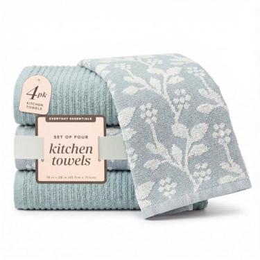 Imagem de MosJos Toalhas de mão de cozinha, algodão azul-branco floral com nervuras 45 x 71 panos de secagem, conjunto de 4 toalhas de cozinha toalhas de cozinha
