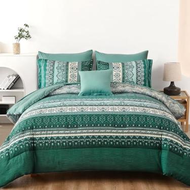 Imagem de Cottolester Conjunto de edredom boêmio boêmio, tamanho Queen, 8 peças, verde-azulado, listrado, em uma bolsa, de microfibra macia Paisley