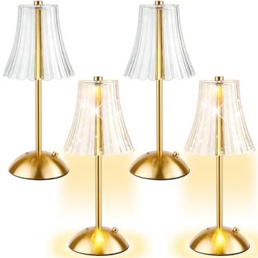 Imagem de Bornerwhite Abajur de mesa sem fio, dourado, sem fio, operado por bateria, recarregável, 3 cores, regulável, lâmpada de flores portátil de LED para quarto, sala de estar, cozinha, jantar ao ar livre