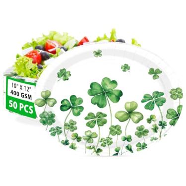 Imagem de Greencian 50 peças de pratos ovais de papel do dia de São Patrício, 25,4 x 30,5 cm, grandes, descartáveis, resistentes, trevo da sorte, trevo da sorte, pratos de sobremesa para o dia de São Patrício