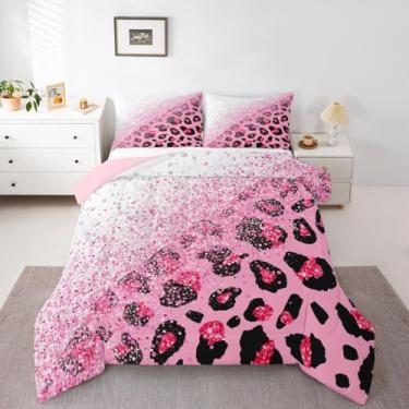 Imagem de jejeloiu Conjunto de edredom queen com glitter, leopardo, guepardo, pastel, para crianças, meninos, meninas, estampa animal, rosa, decoração de quarto de microfibra, 3 peças com 2 fronhas