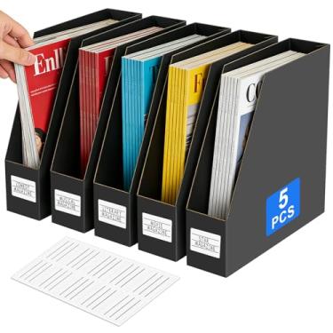 Imagem de YOTINO Suporte de revista preto, pacote com 5 suportes de arquivos de papelão, organizador vertical de mesa, suporte de revistas resistente para escritório, casa e sala de aula